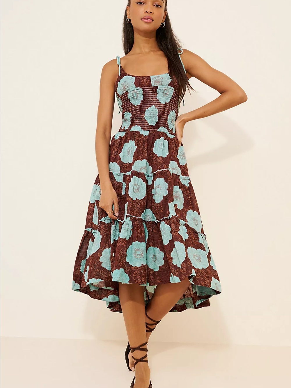 Free People Ariel Midi Dress in Brown with Aqua Floral
Size: medium